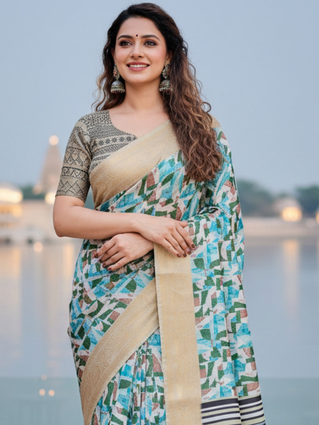 Cream  Blue Tussar Silk Saree For Women | Digital Print Party Wear Saree