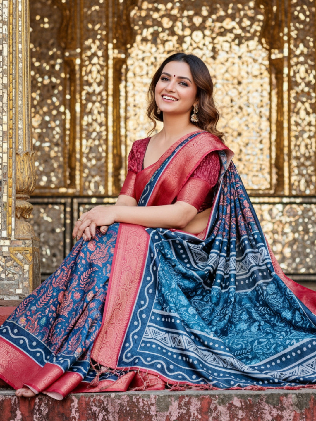 Blue Tussar Silk Saree For Women | Digital Print Party Wear Saree