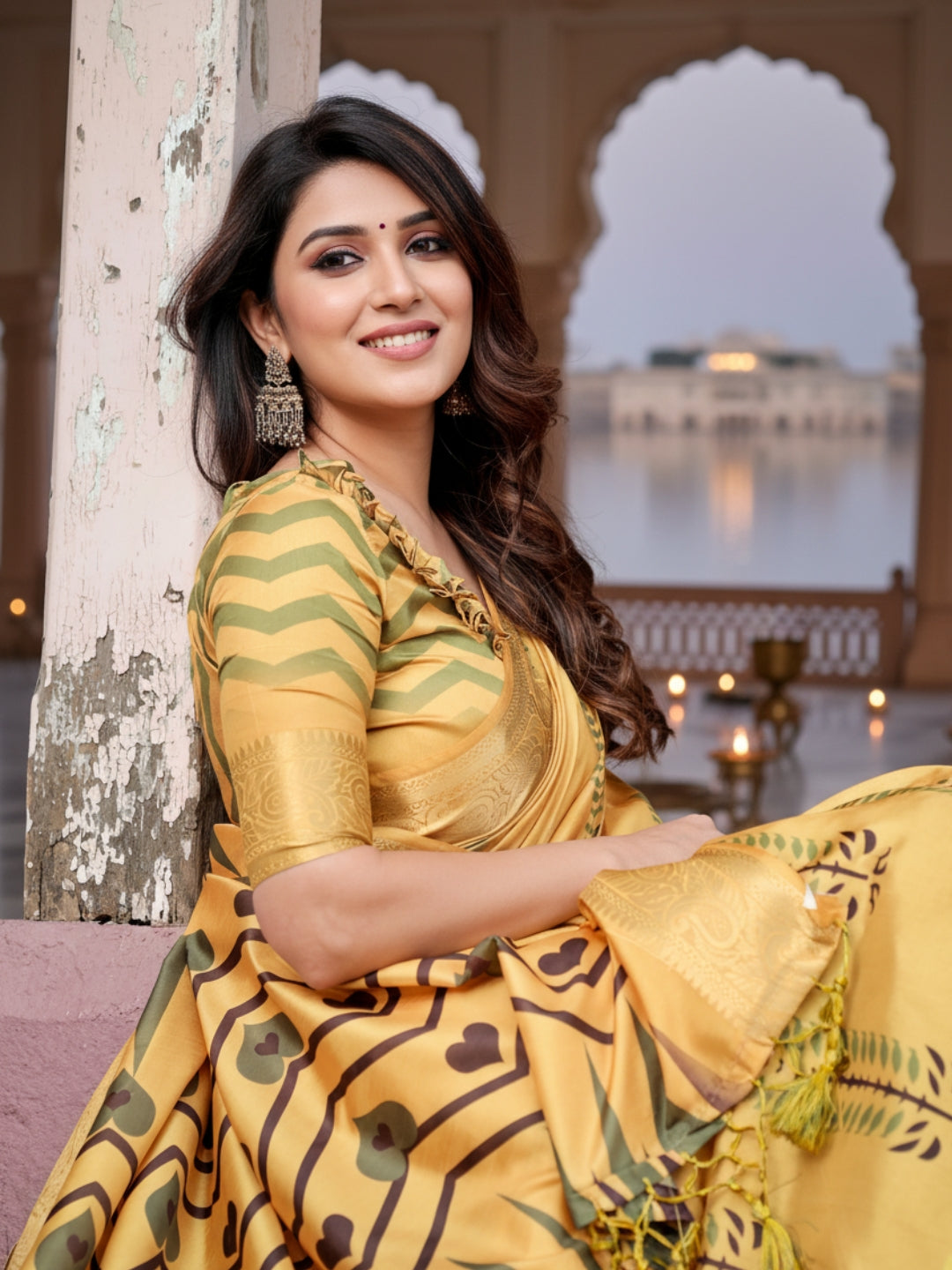 Yellow Tussar Silk Saree For Women | Digital Print Party Wear Saree