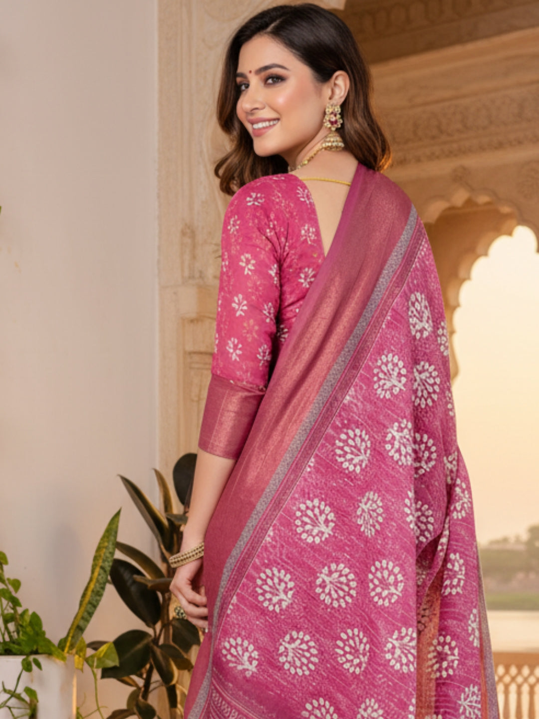 Pink Linen Cotton Saree For Women | Digital Print Party Wear Saree