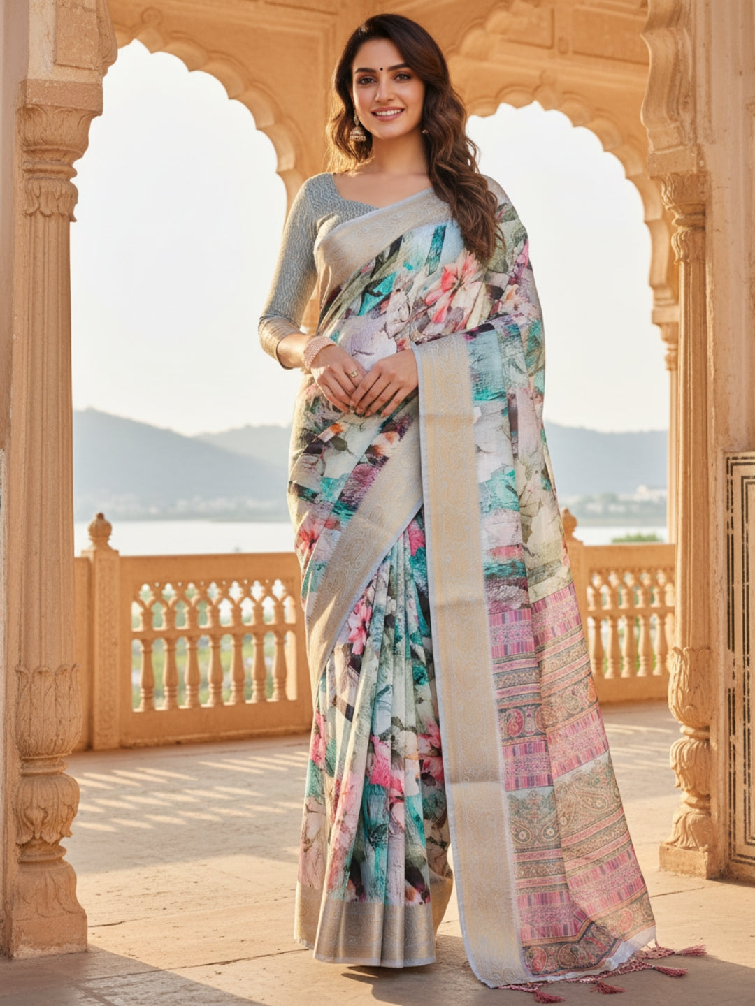 Cream  Pink Tussar Silk Saree For Women | Digital Print Party Wear Saree