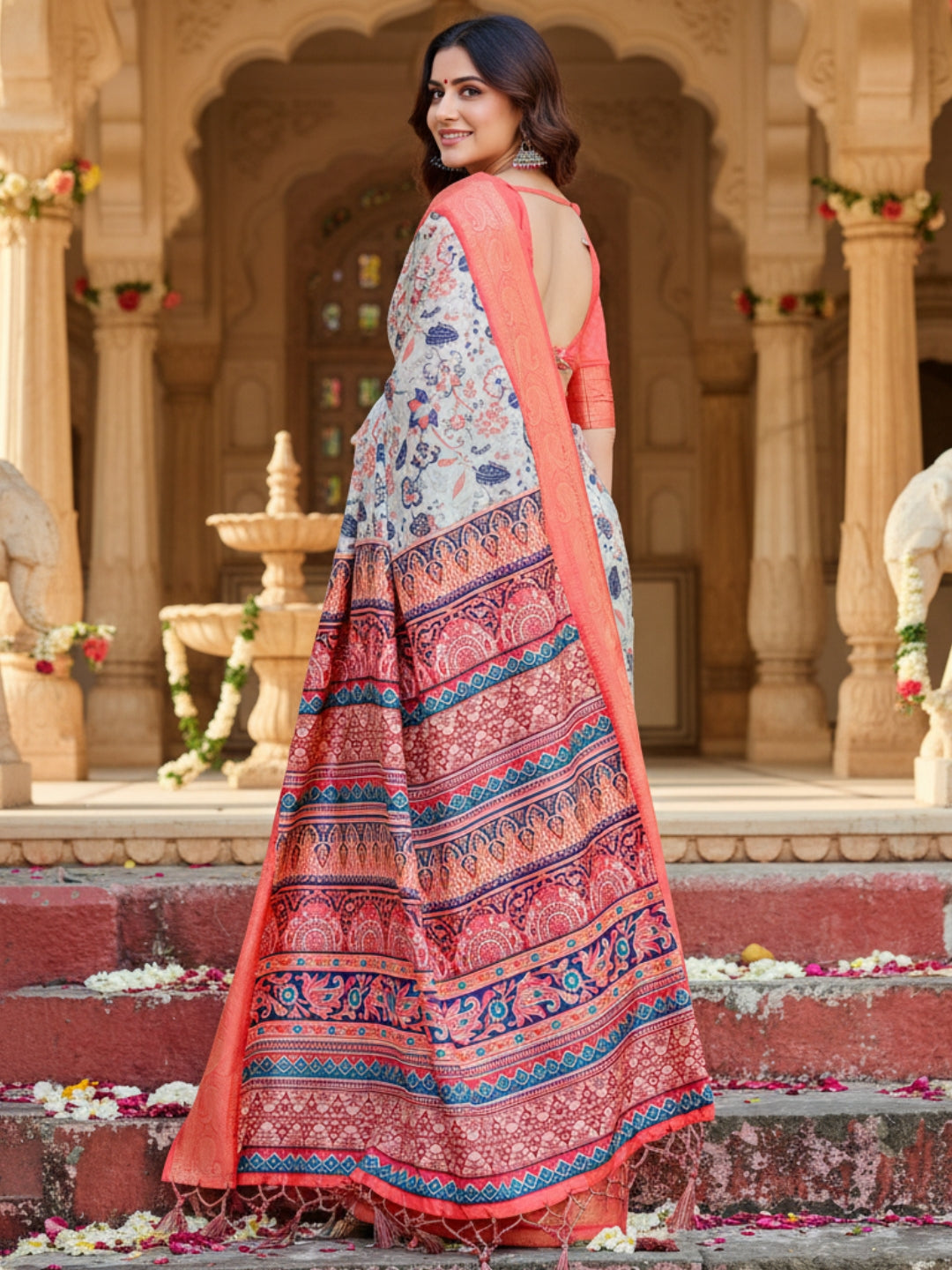Orange  White Tussar Silk Saree For Women | Digital Print Party Wear Saree