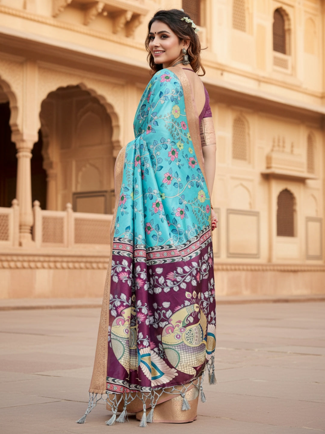 Blue  Purple Tussar Silk Saree For Women | Digital Print Party Wear Saree