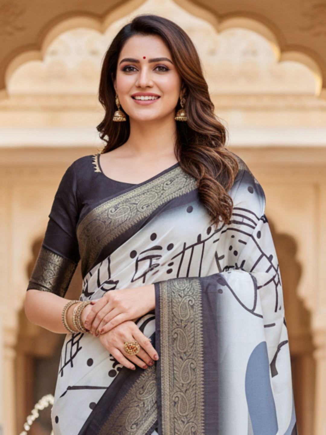 White  Grey Tussar Silk Saree For Women | Digital Print Party Wear Saree