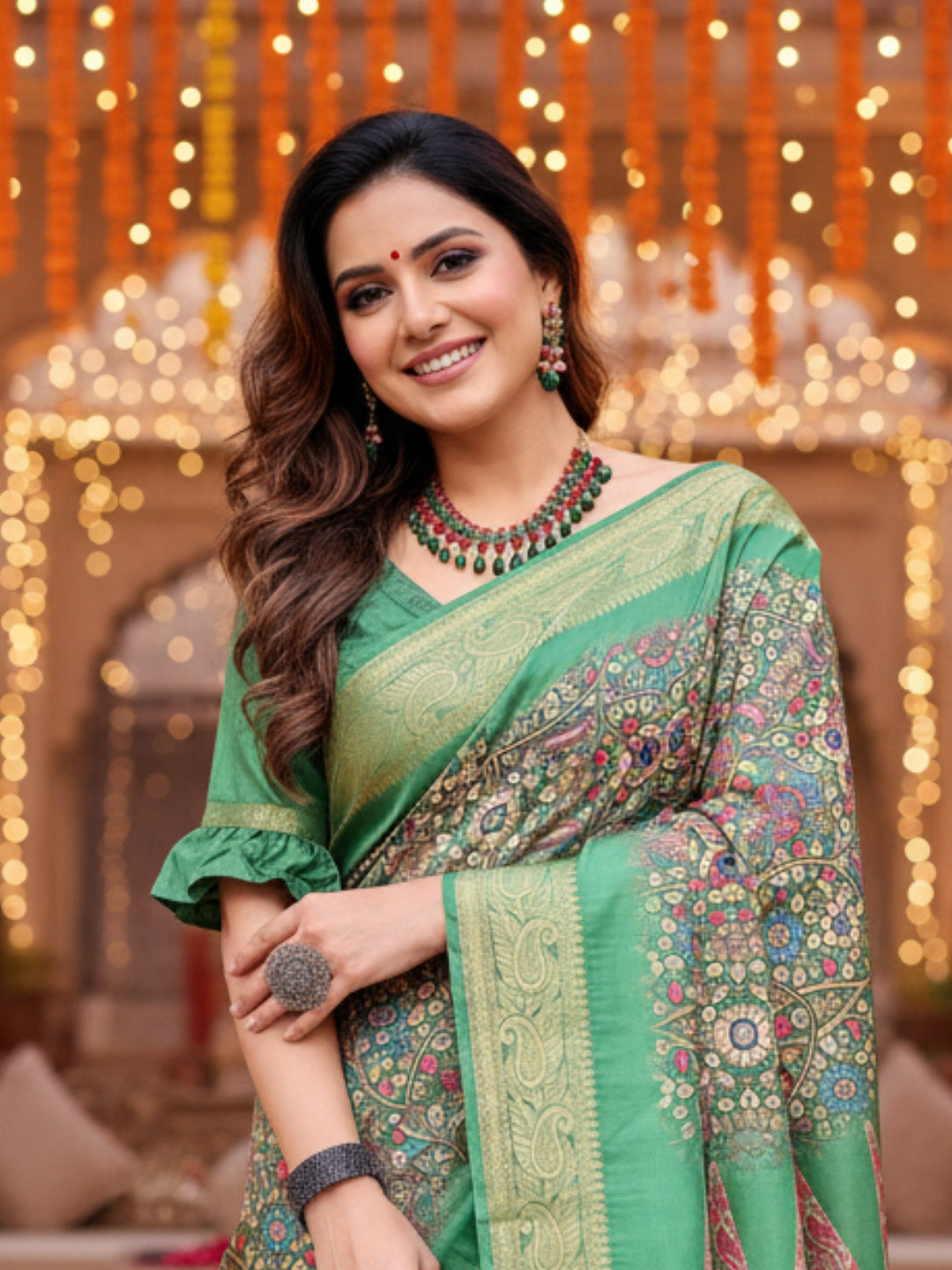 Green Tussar Silk Saree For Women | Digital Print Party Wear Saree