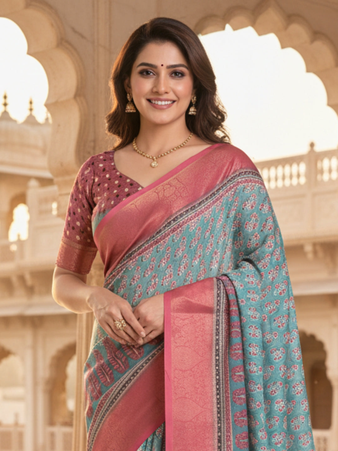 Green  Pink Linen Cotton Saree For Women | Digital Print Party Wear Saree