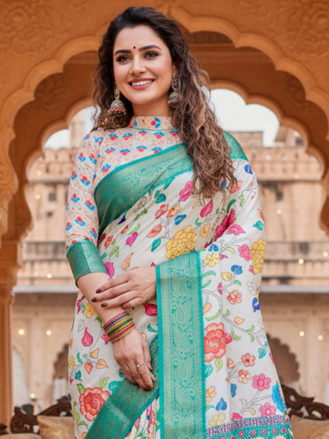 Cream  Light Green Tussar Silk Saree For Women | Digital Print Party Wear Saree