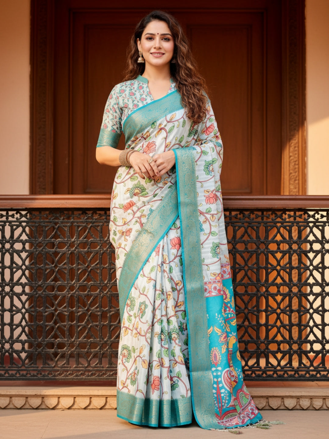 Teal Tussar Silk Saree For Women | Digital Print Party Wear Saree