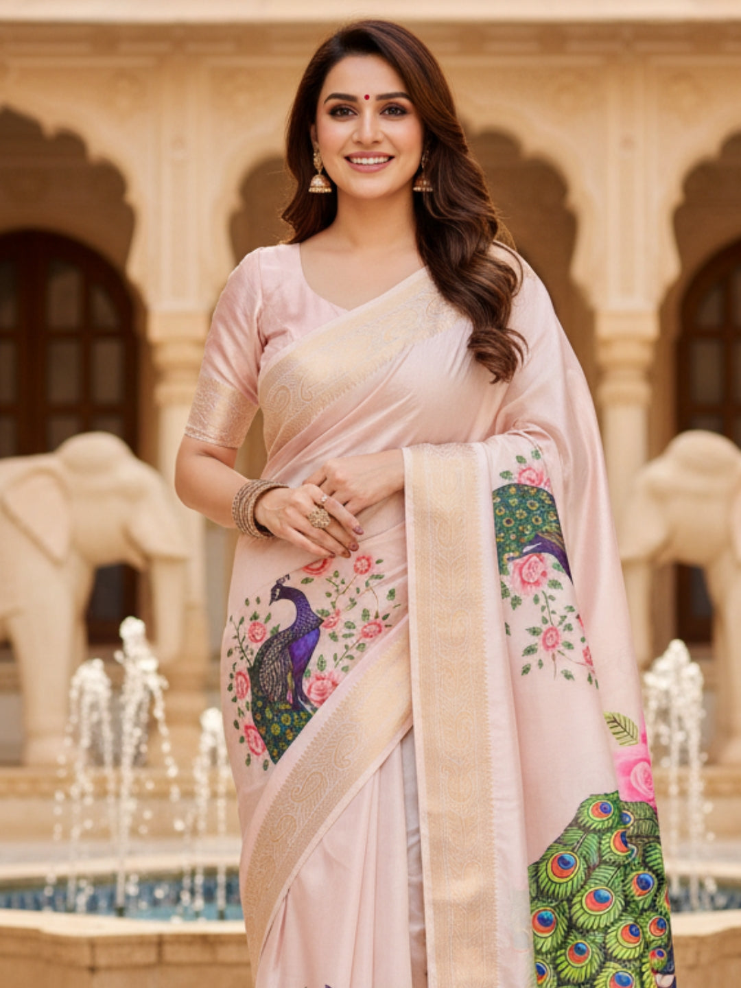 Cream Tussar Silk Saree For Women | Digital Print Party Wear Saree