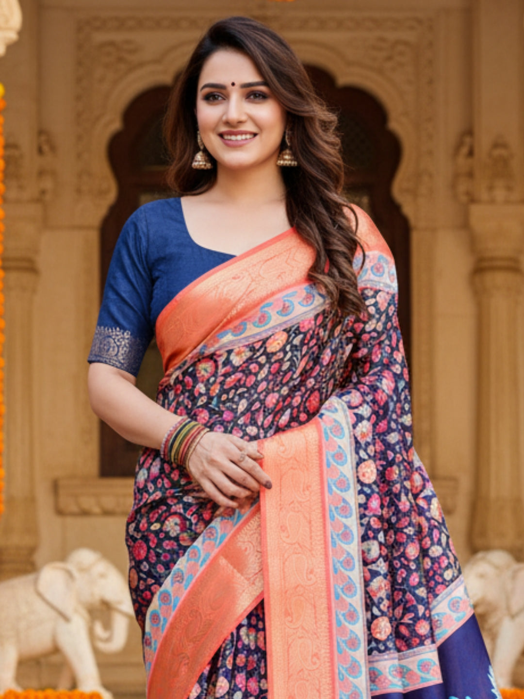 Orange  Blue Tussar Silk Saree For Women | Digital Print Party Wear Saree
