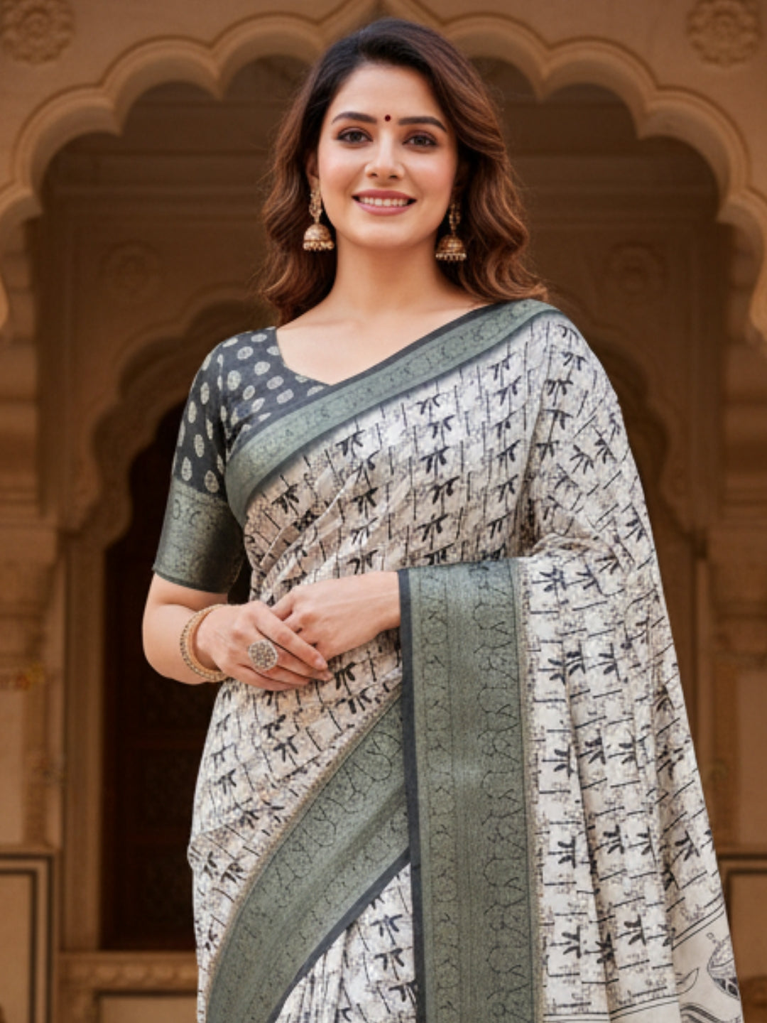 Green  White Tussar Silk Saree For Women | Digital Print Party Wear Saree