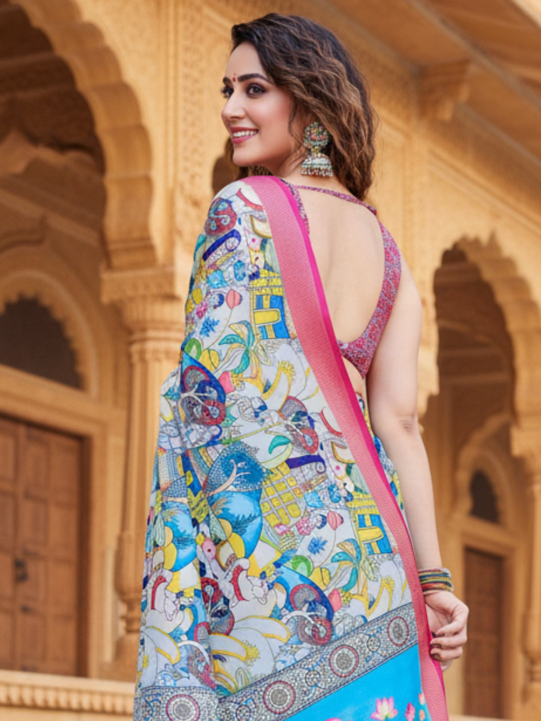 Pink  Blue Tussar Silk Saree For Women | Digital Print Party Wear Saree