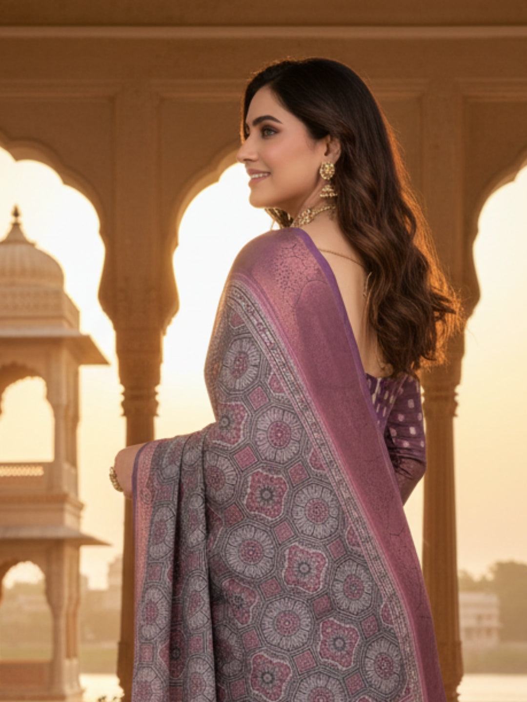 Lavender Linen Cotton Saree For Women | Digital Print Party Wear Saree