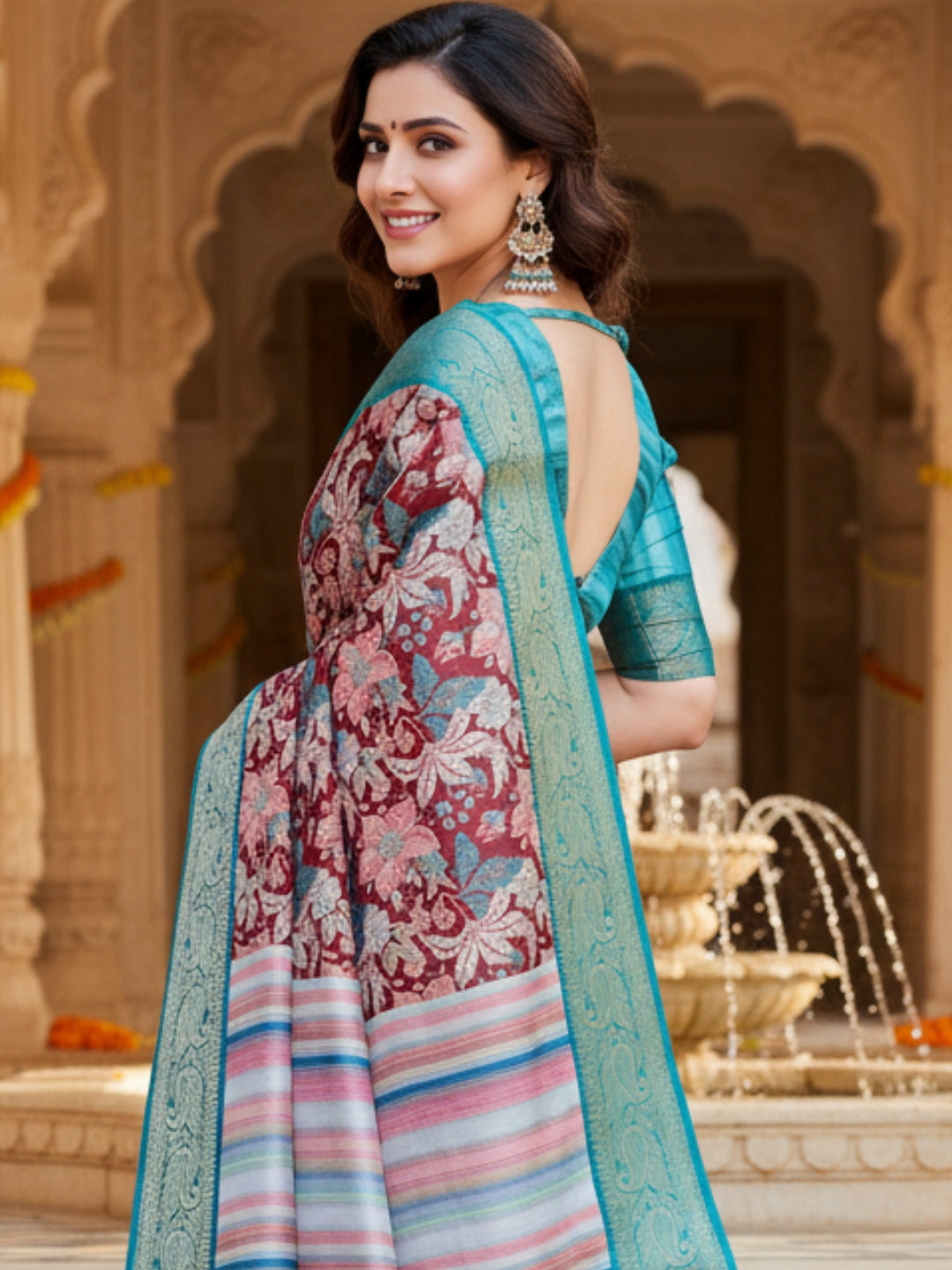 Teal  Brown Tussar Silk Saree For Women | Digital Print Party Wear Saree