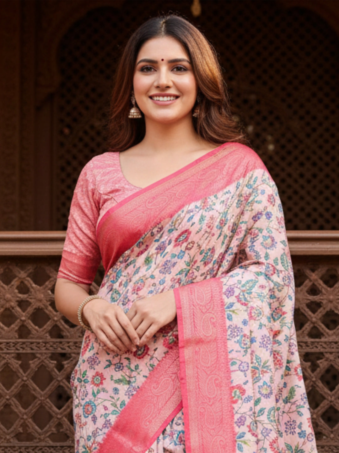Peach  Pink Tussar Silk Saree For Women | Digital Print Party Wear Saree