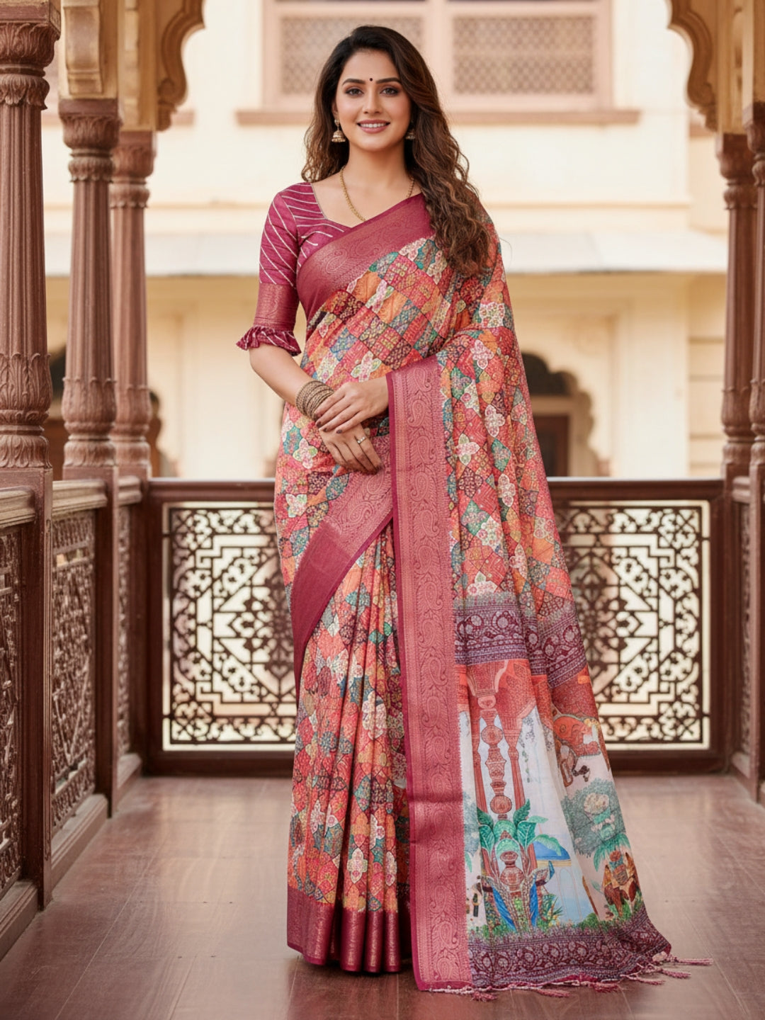 Peach Tussar Silk Saree For Women | Digital Print Party Wear Saree
