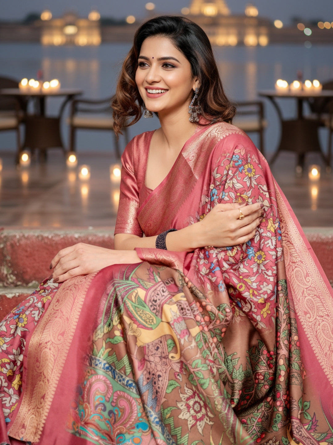 Brown Tussar Silk Saree For Women | Digital Print Party Wear Saree