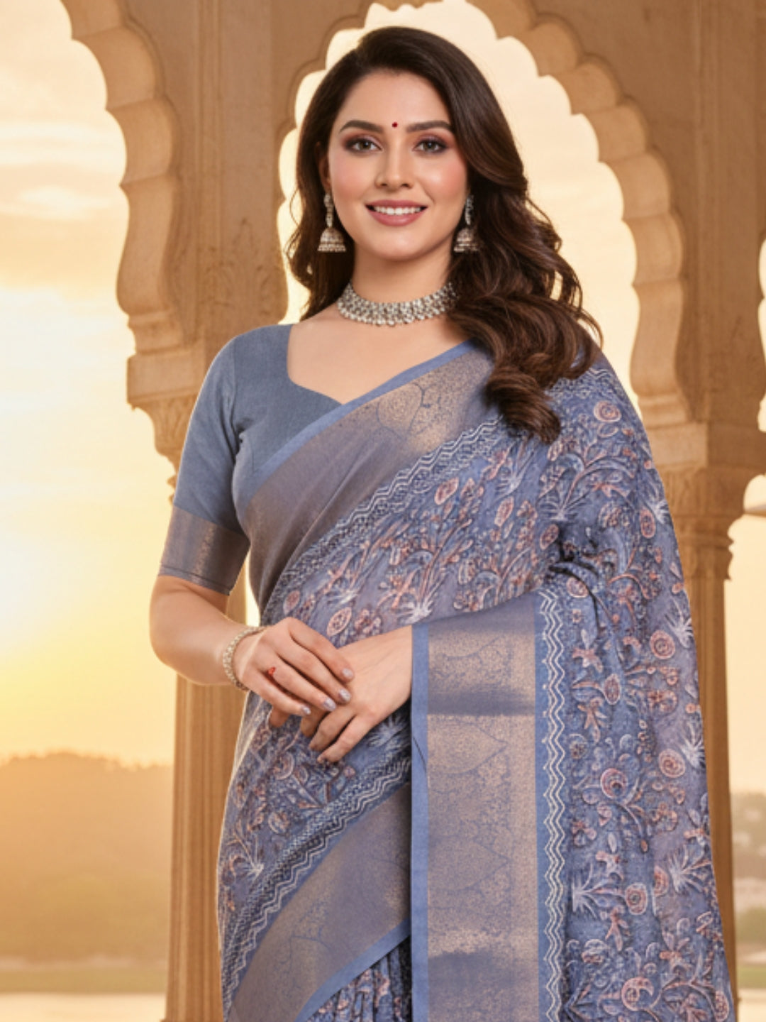 Blue Linen Cotton Saree For Women | Digital Print Party Wear Saree
