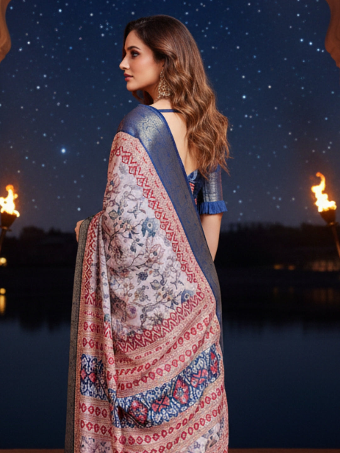 Cream  Red Tussar Silk Saree For Women | Digital Print Party Wear Saree