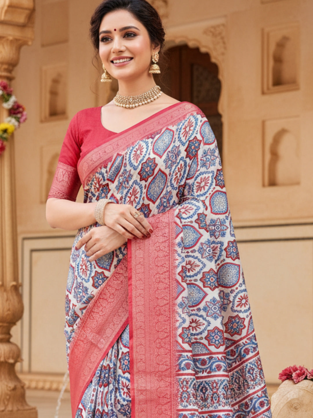 Red  White Tussar Silk Saree For Women | Digital Print Party Wear Saree
