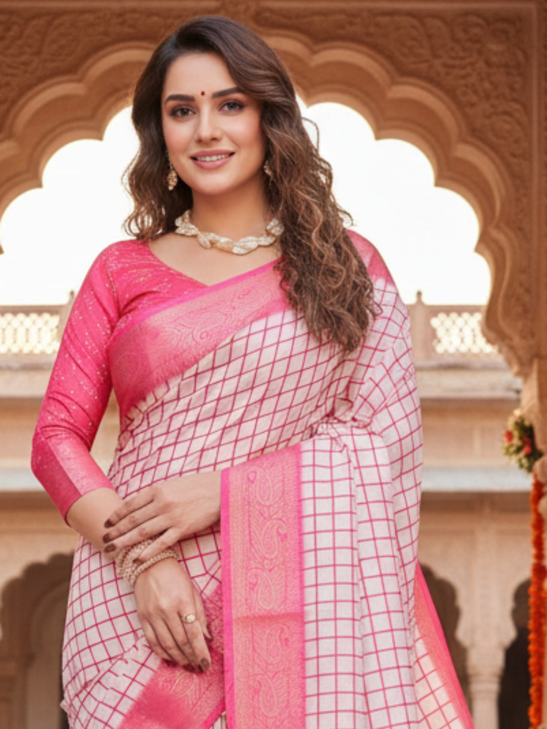 White  Pink Tussar Silk Saree For Women | Digital Print Party Wear Saree