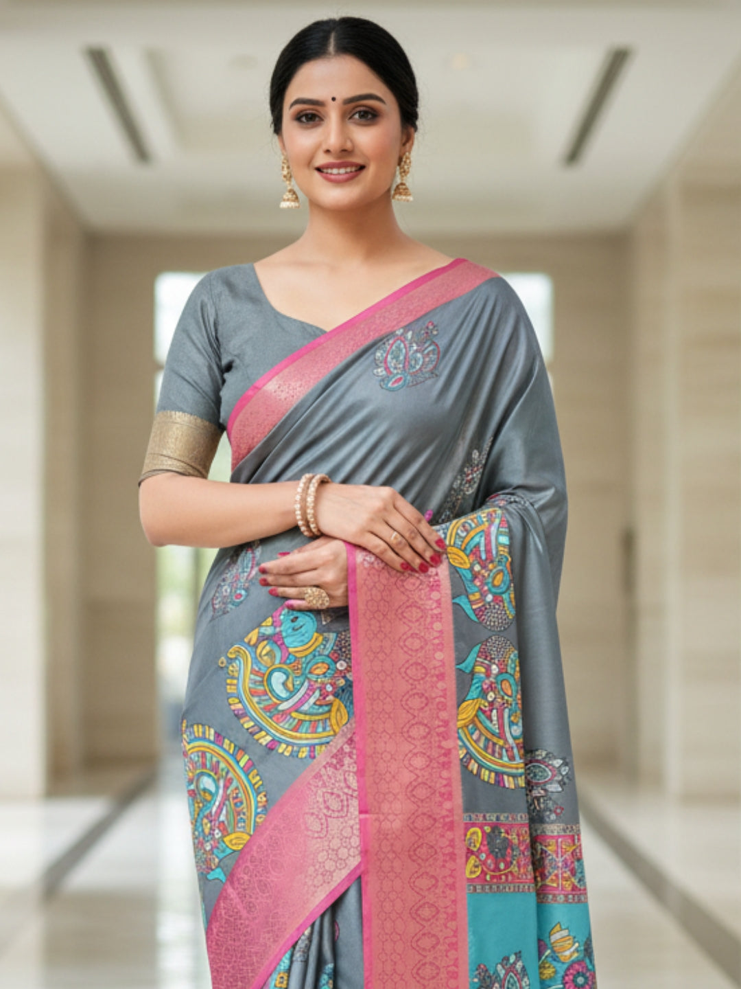 Blue Tussar Silk Saree For Women | Digital Print Party Wear Saree