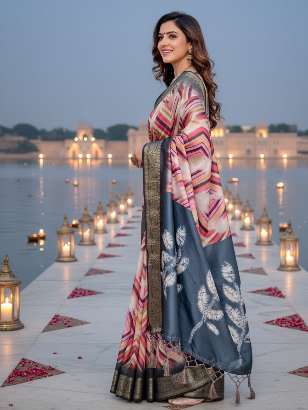 Cream  Grey Tussar Silk Saree For Women | Digital Print Party Wear Saree