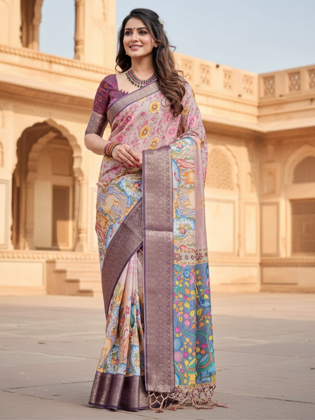 Peach  Green Tussar Silk Saree For Women | Digital Print Party Wear Saree