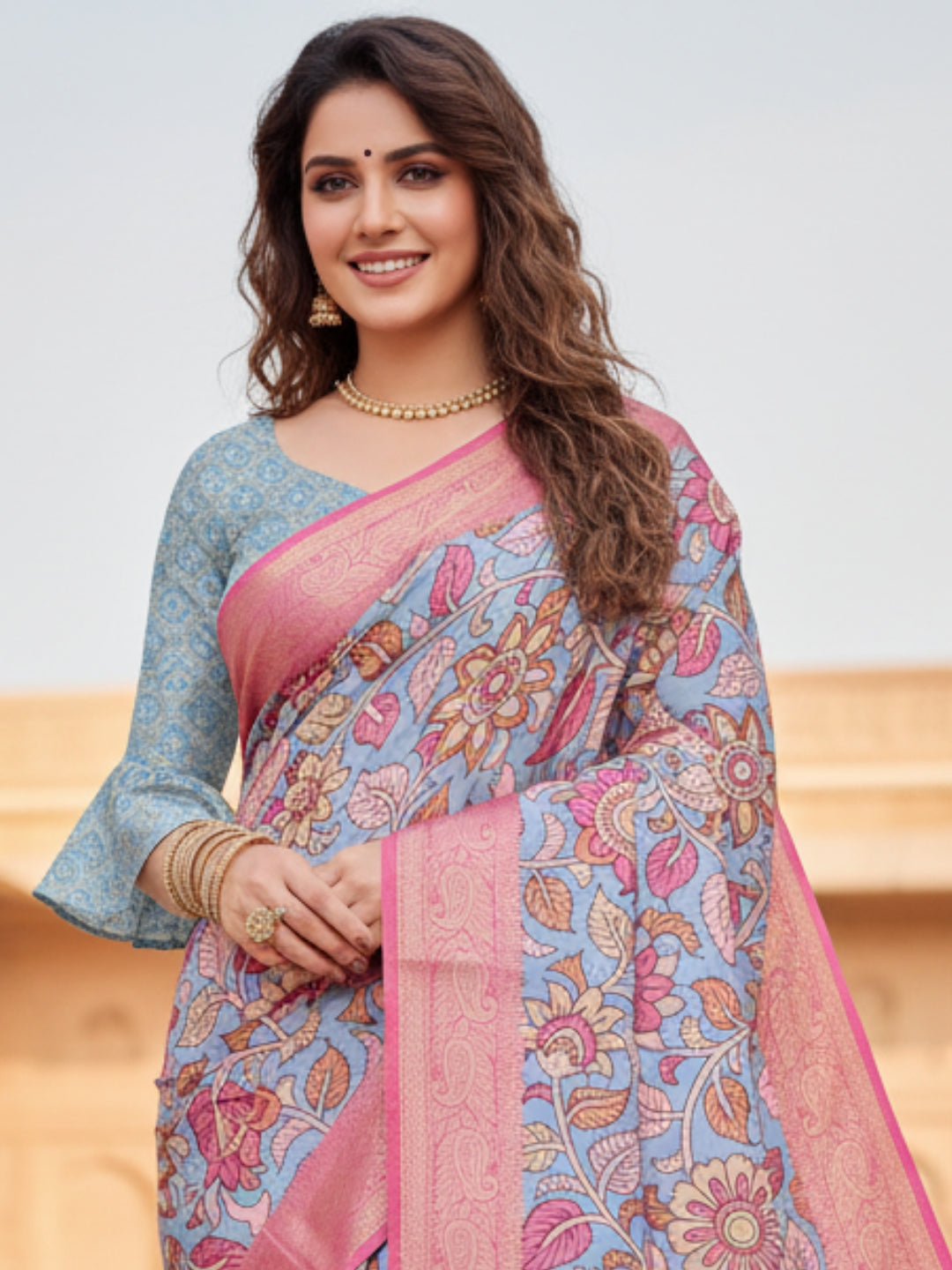 Blue  Pink Tussar Silk Saree For Women | Digital Print Party Wear Saree