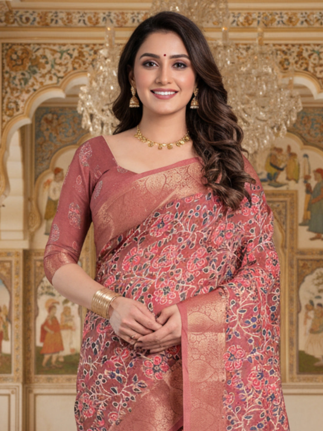 Red Linen Cotton Saree For Women | Digital Print Party Wear Saree