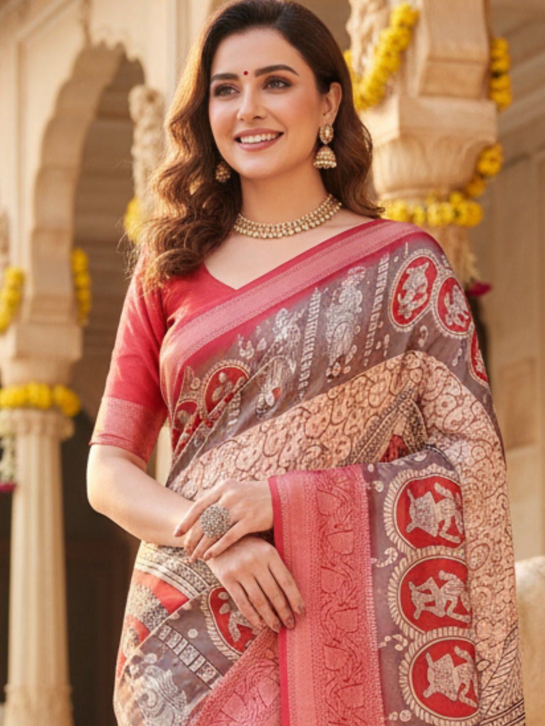 Red  Grey Tussar Silk Saree For Women | Digital Print Party Wear Saree