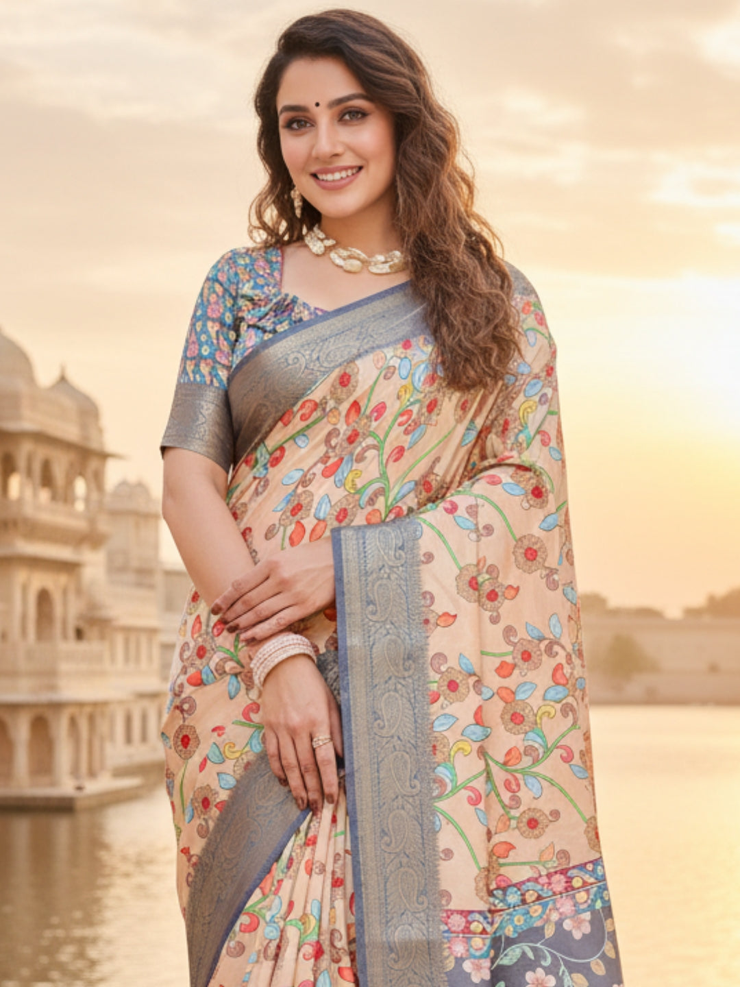 Orange  Blue Tussar Silk Saree For Women | Digital Print Party Wear Saree
