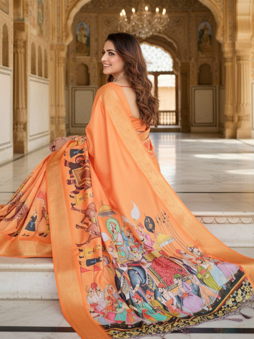 Orange Tussar Silk Saree For Women | Digital Print Party Wear Saree