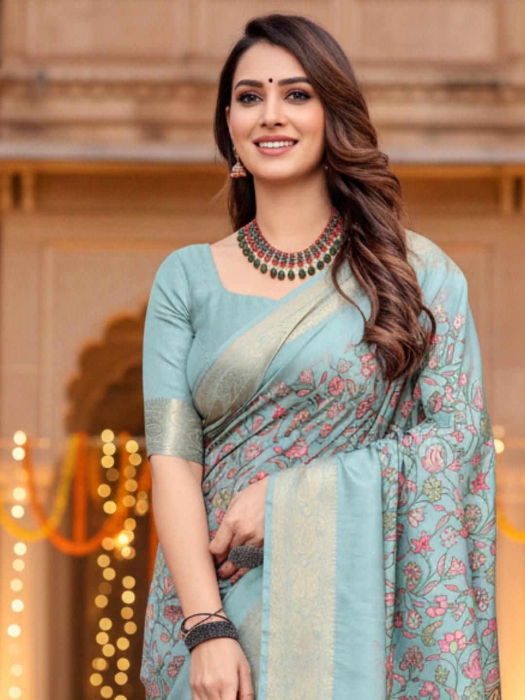 Light Green Tussar Silk Saree For Women | Digital Print Party Wear Saree