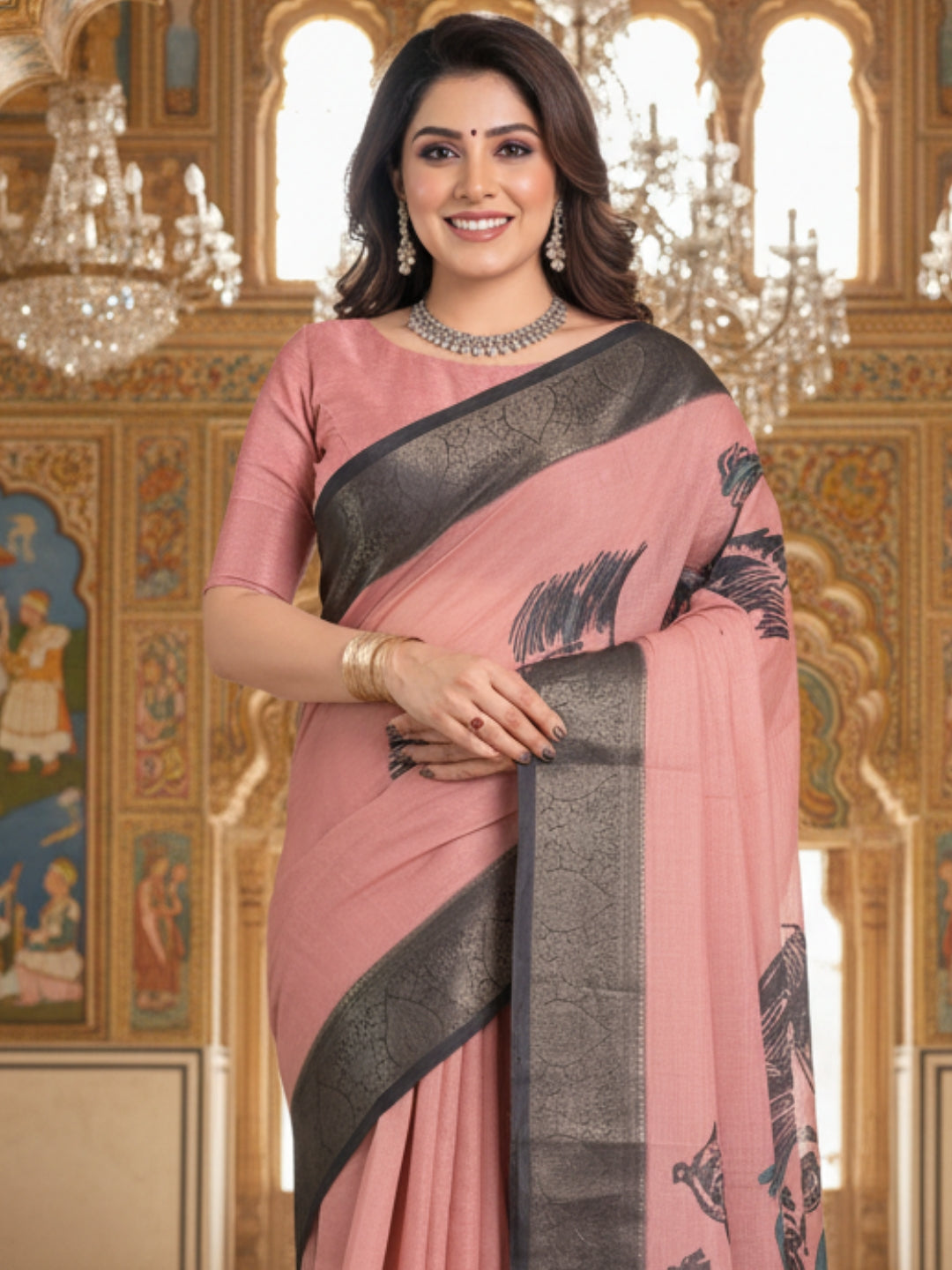 Rust Linen Cotton Saree For Women | Digital Print Party Wear Saree