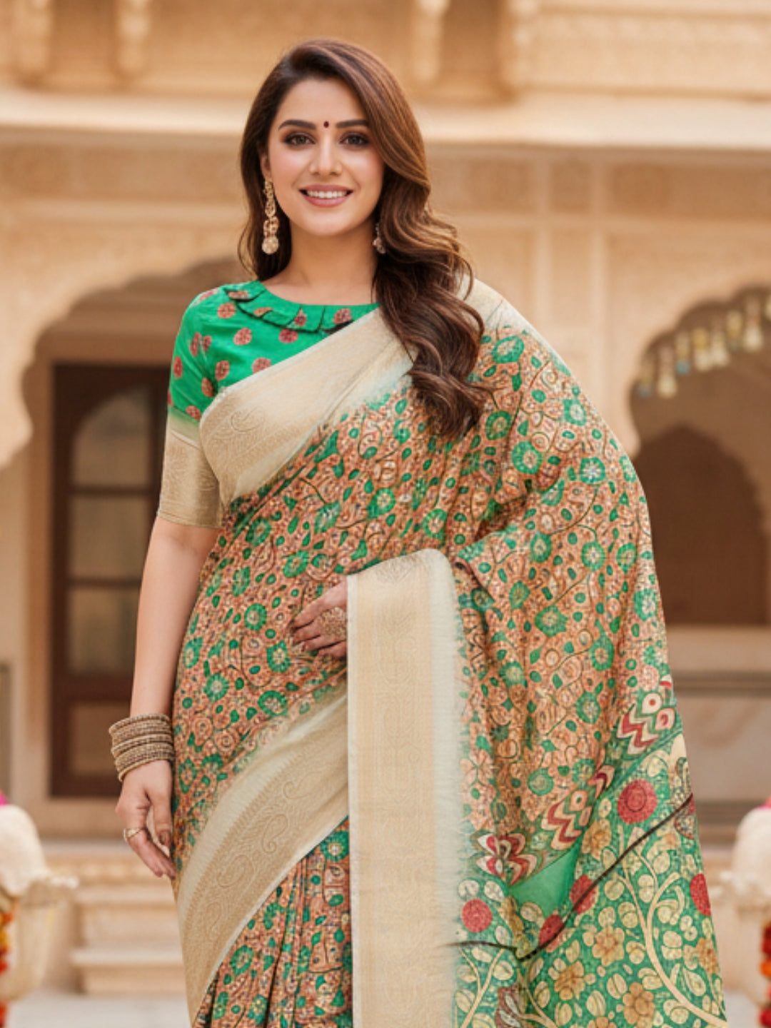 Green  Brown Tussar Silk Saree For Women | Digital Print Party Wear Saree