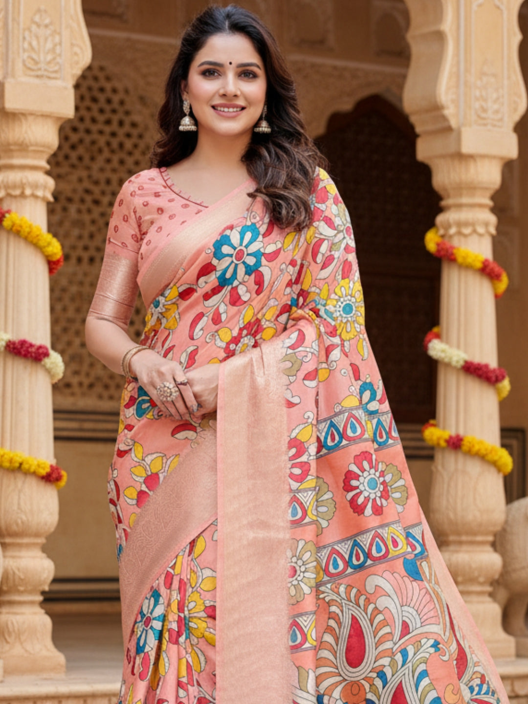Orange Tussar Silk Saree For Women | Digital Print Party Wear Saree