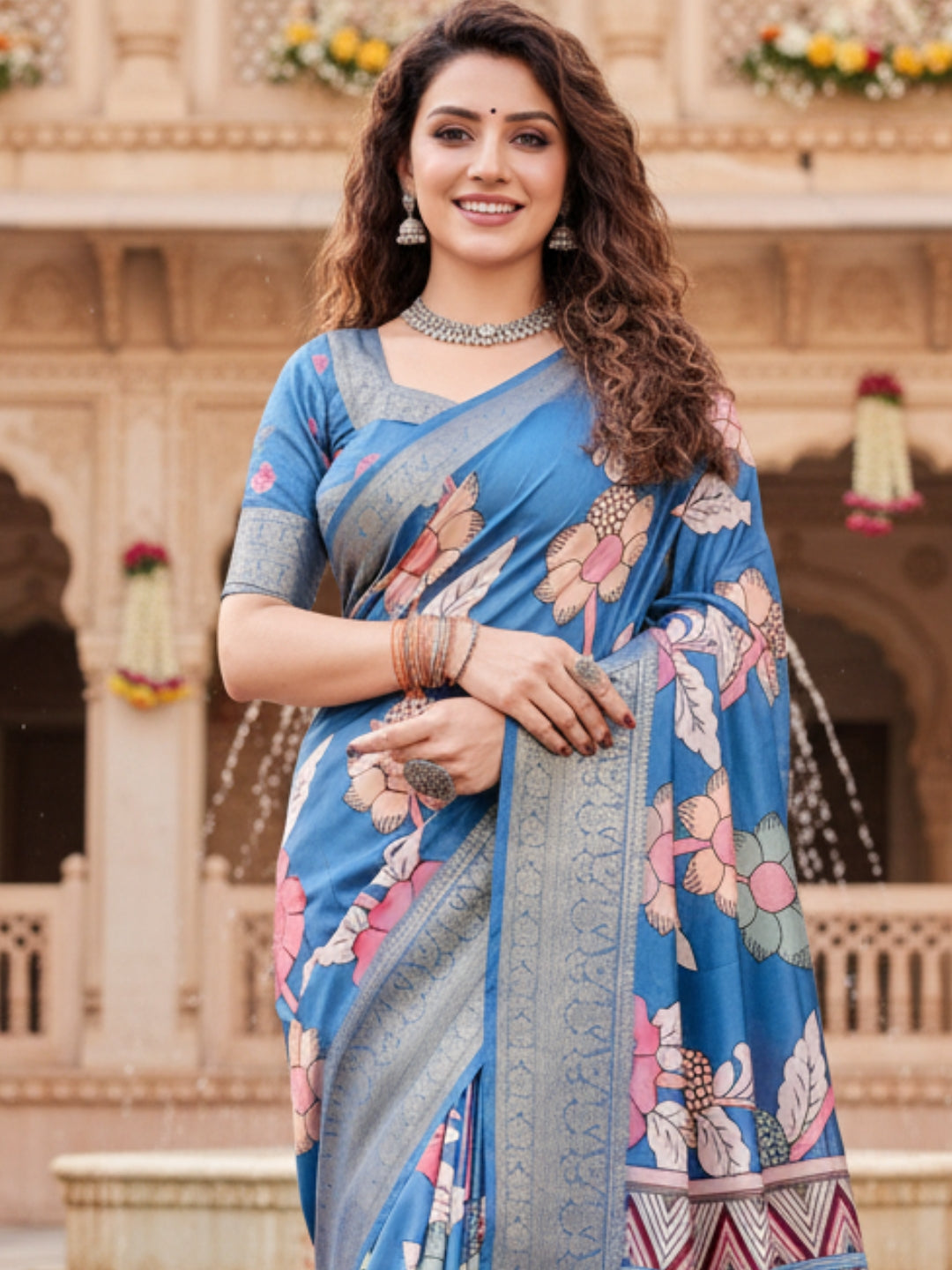 Blue Tussar Silk Saree For Women | Digital Print Party Wear Saree