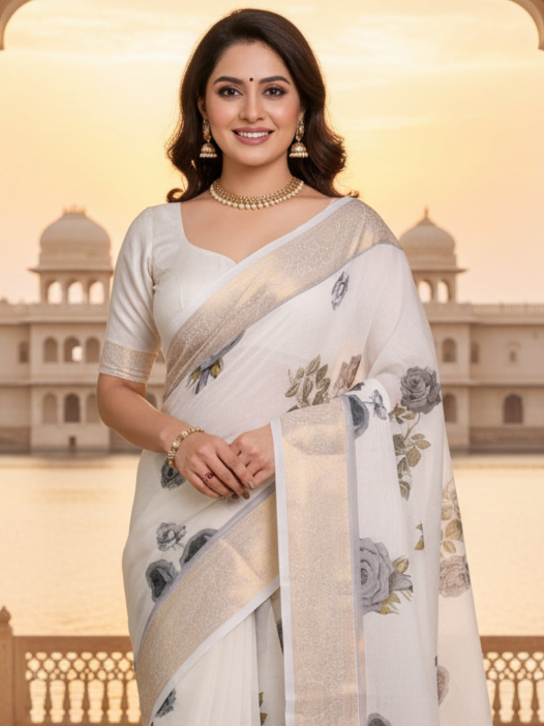 White Linen Cotton Saree For Women | Digital Print Party Wear Saree