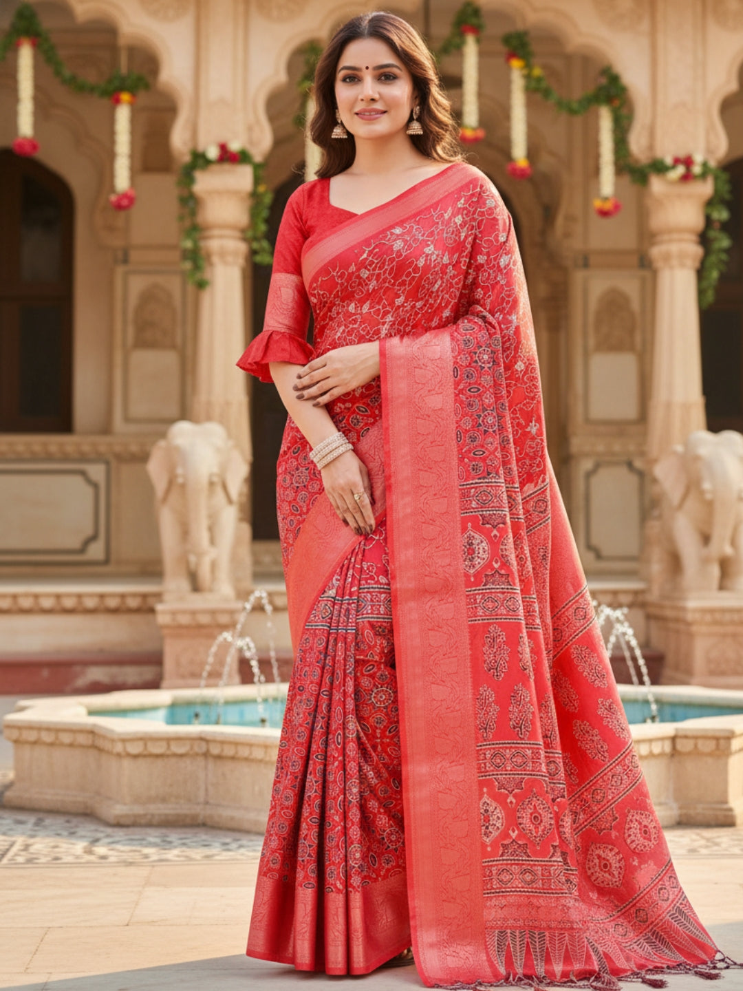 Red Tussar Silk Saree For Women | Digital Print Party Wear Saree