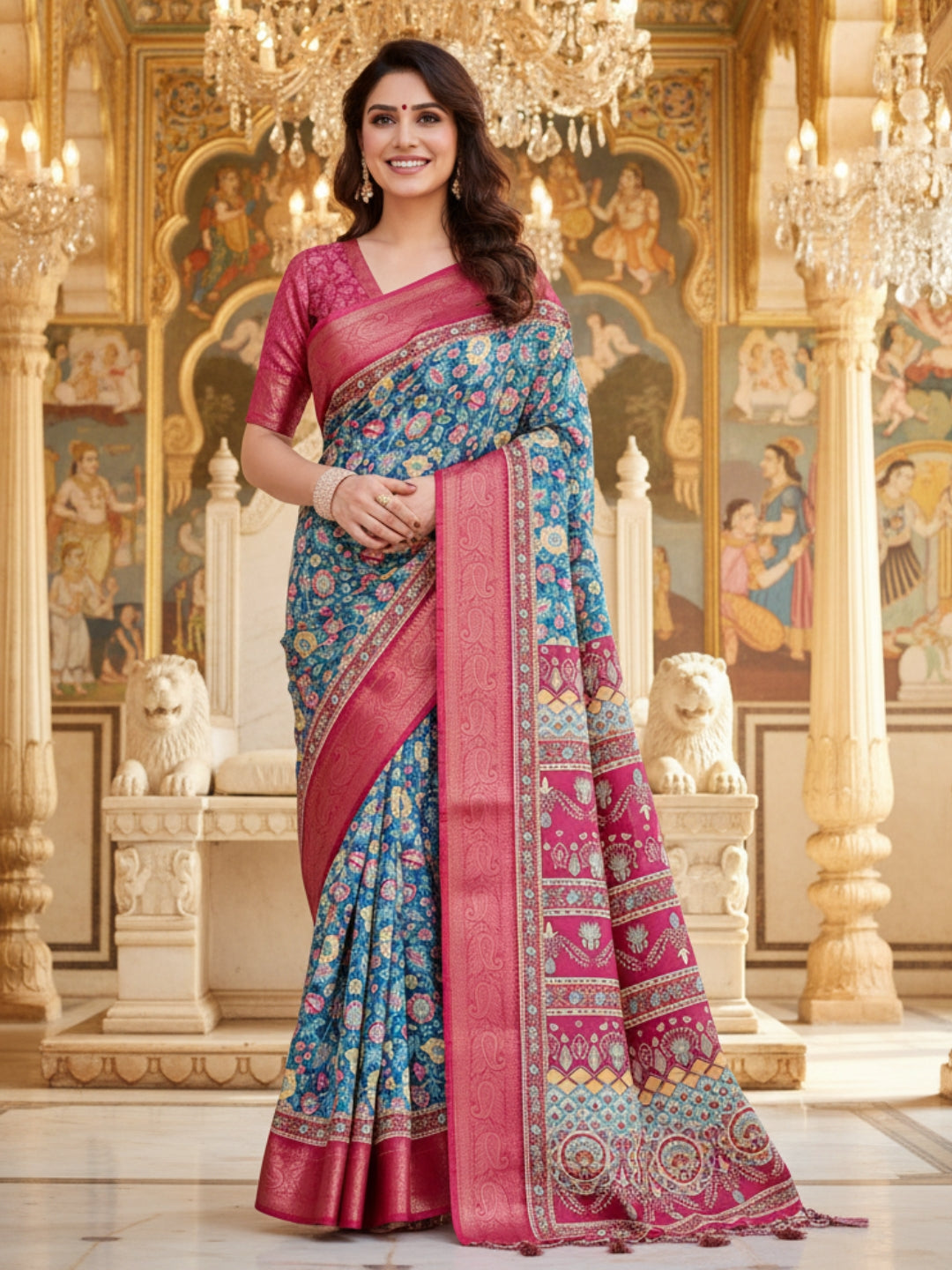 Blue  Pink Tussar Silk Saree For Women | Digital Print Party Wear Saree