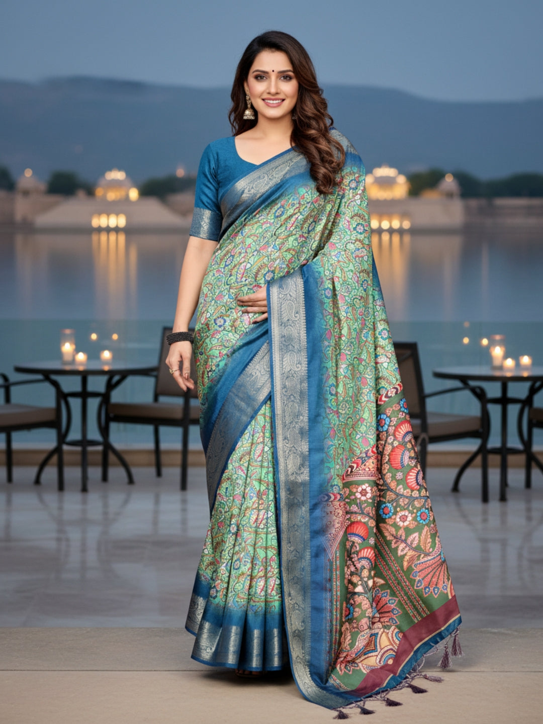 Blue  Green Tussar Silk Saree For Women | Digital Print Party Wear Saree