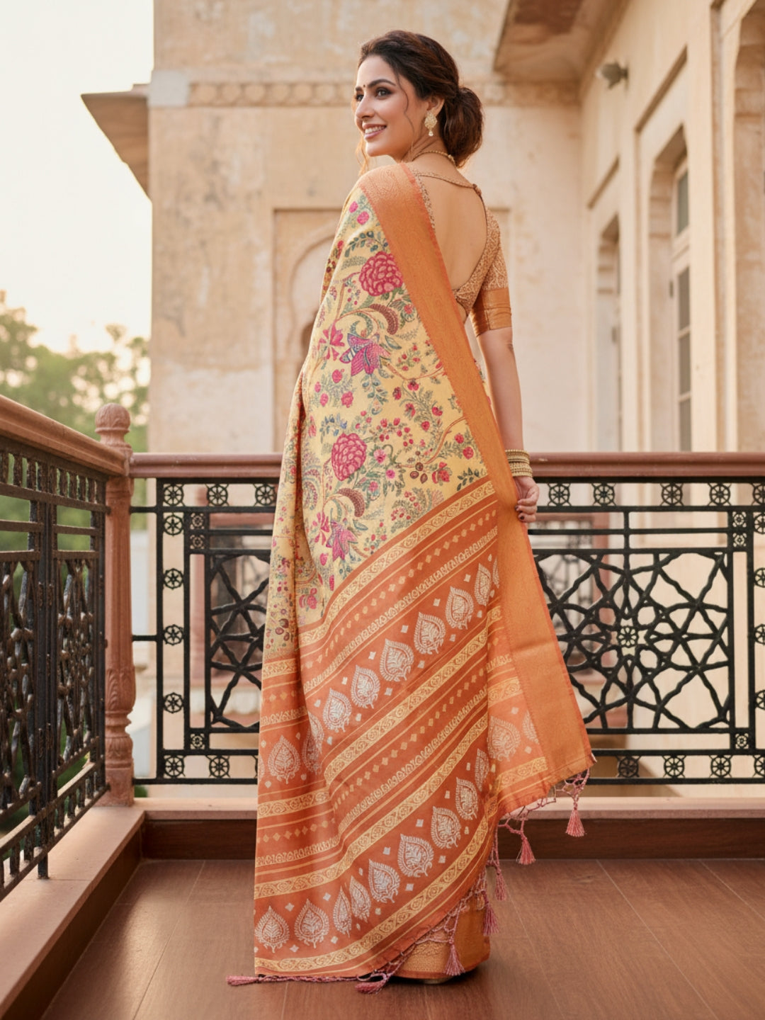 Orange Tussar Silk Saree For Women | Digital Print Party Wear Saree