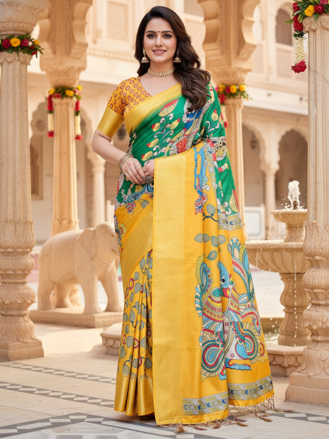 Yellow  Green Tussar Silk Saree For Women | Digital Print Party Wear Saree