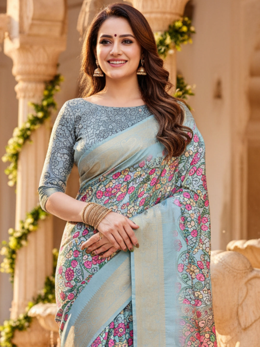 Light Blue Tussar Silk Saree For Women | Digital Print Party Wear Saree