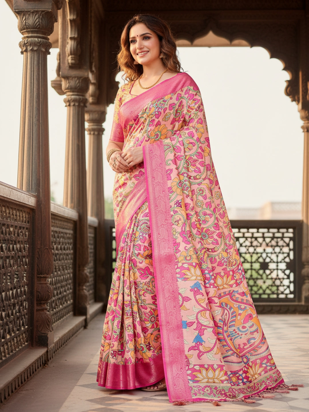 Peach  Orange Tussar Silk Saree For Women | Digital Print Party Wear Saree