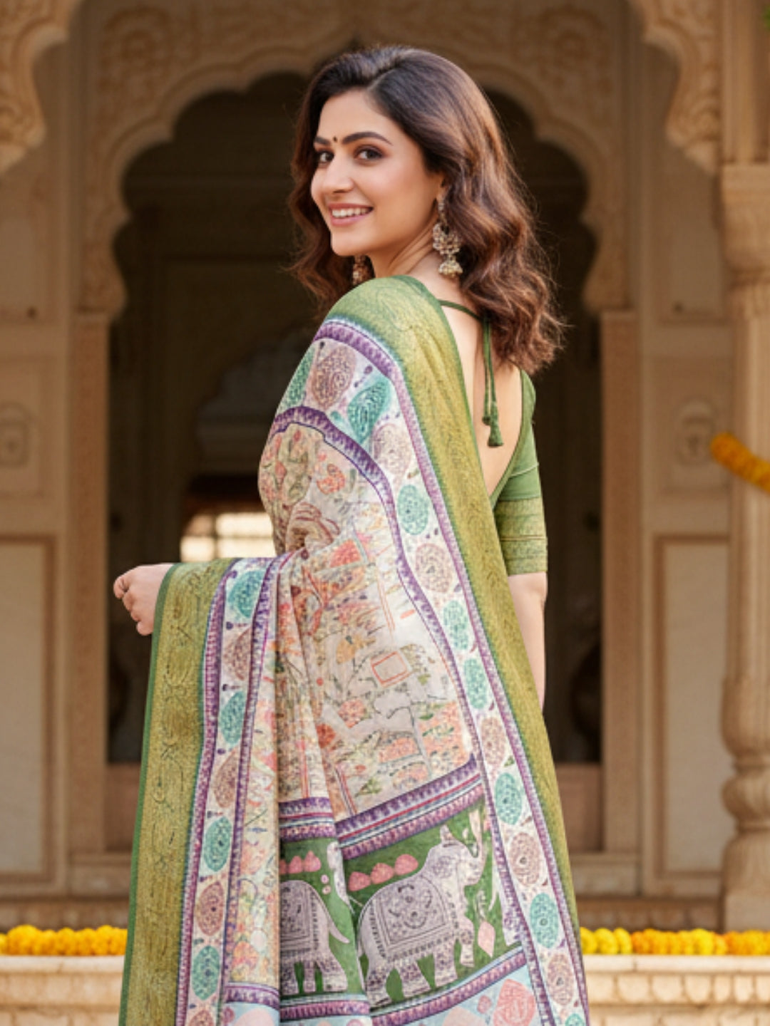 Green  White Tussar Silk Saree For Women | Digital Print Party Wear Saree