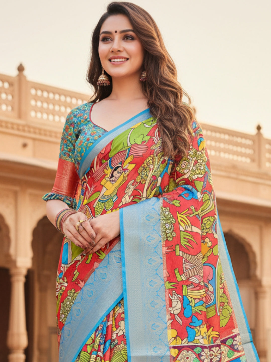 Blue  Red Tussar Silk Saree For Women | Digital Print Party Wear Saree