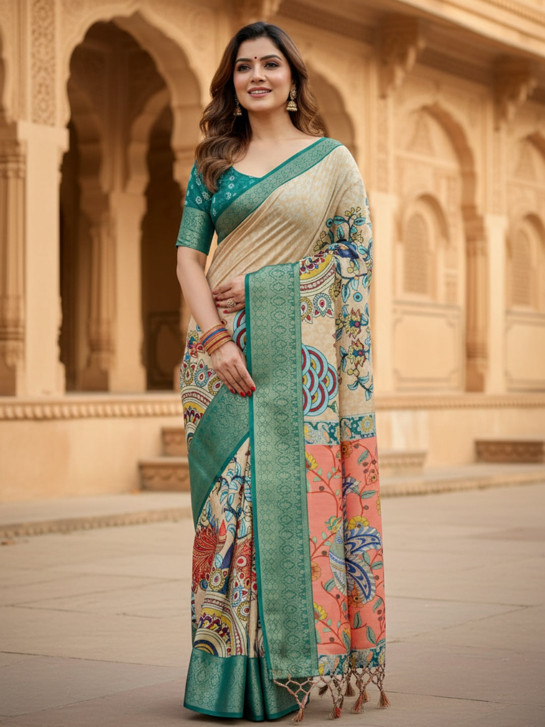 Teal  Orange Tussar Silk Saree For Women | Digital Print Party Wear Saree