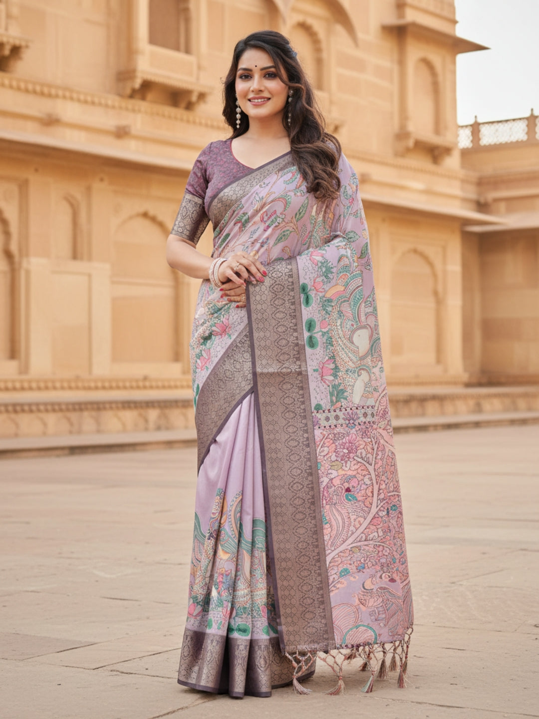 Peach Tussar Silk Saree For Women | Digital Print Party Wear Saree